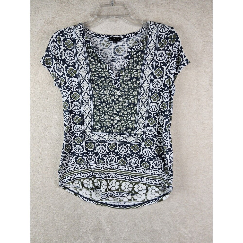 Lucky Brand Women's Short Sleeve Boho Lightweight V Neck Top Size S